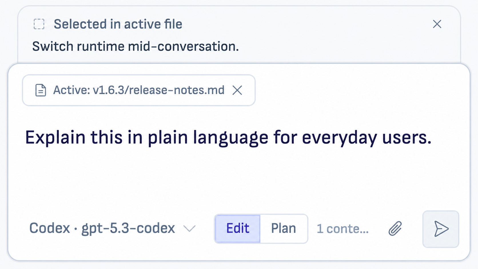 Selected text docked to the composer