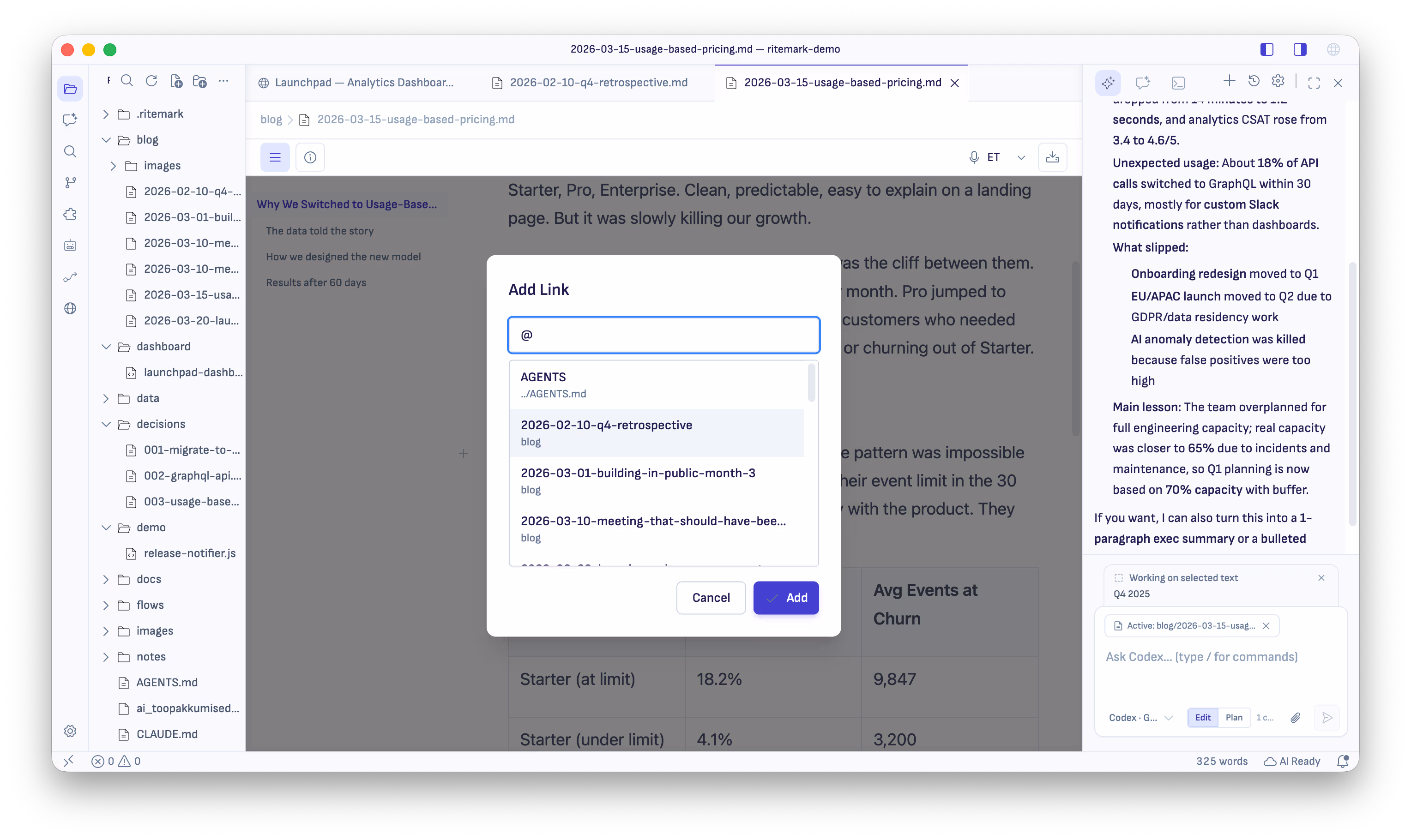 Add Link dialog with @ file search