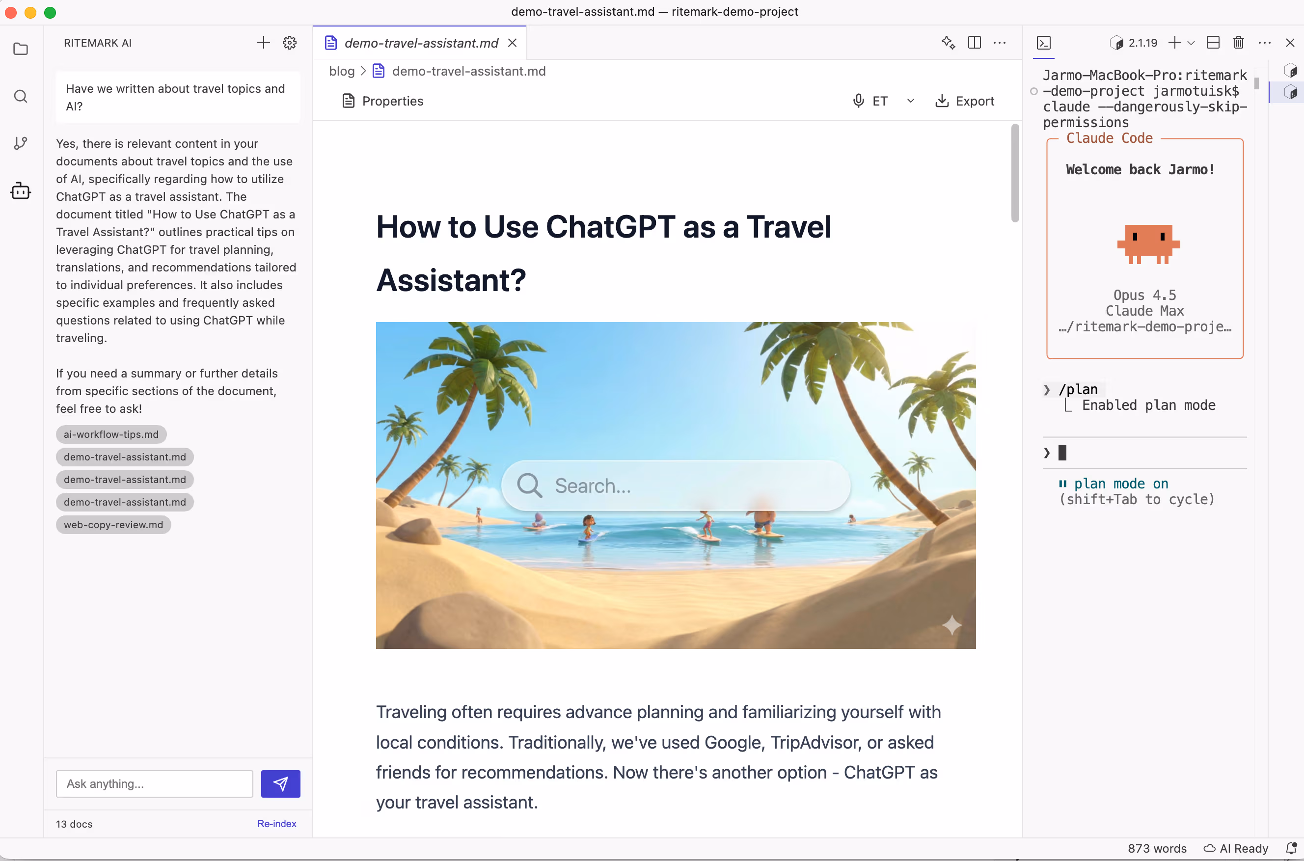 RiteMark Document Search showing AI-powered answers from your own documents