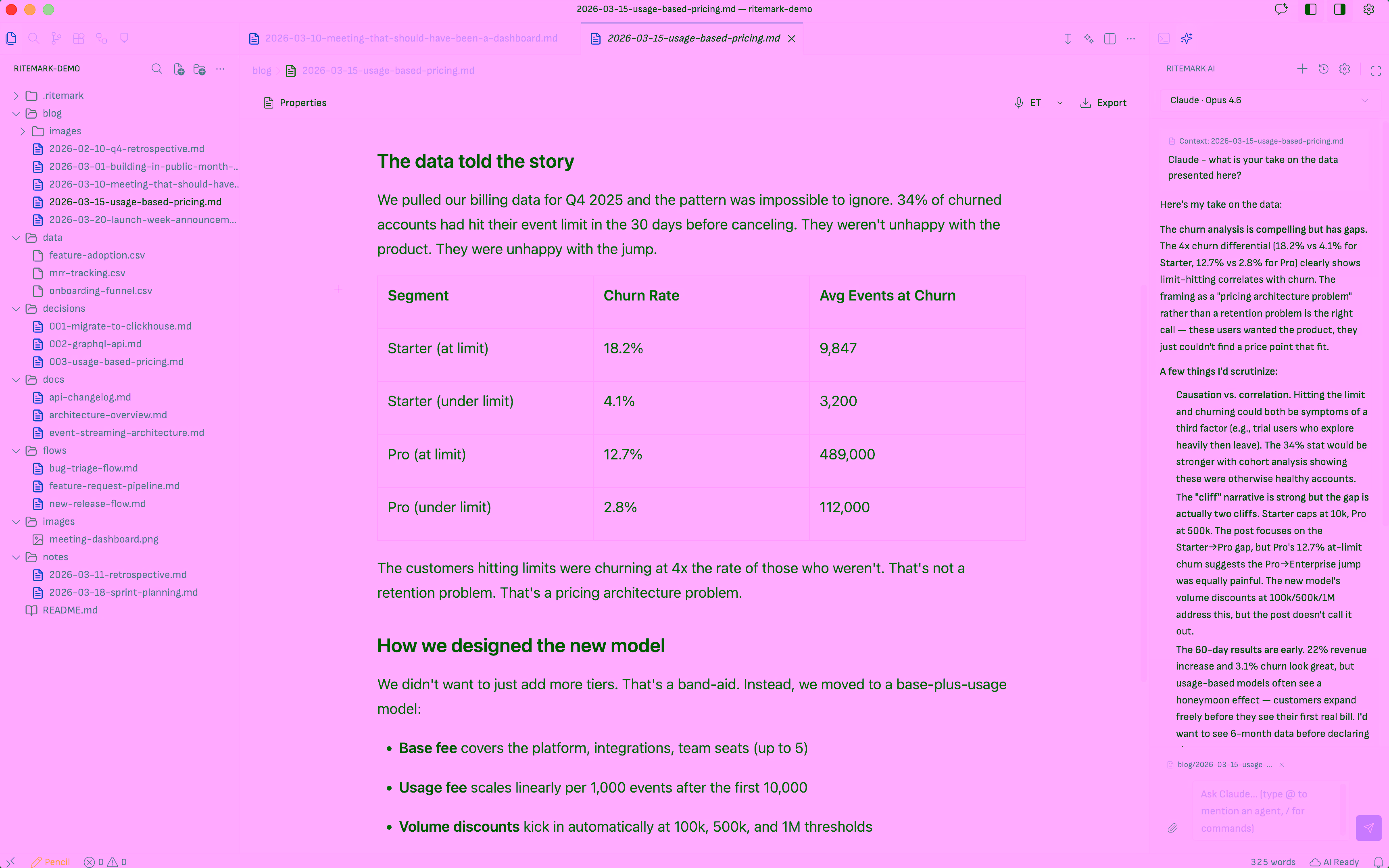 Ritemark text editor with AI agent plan sidebar and table content