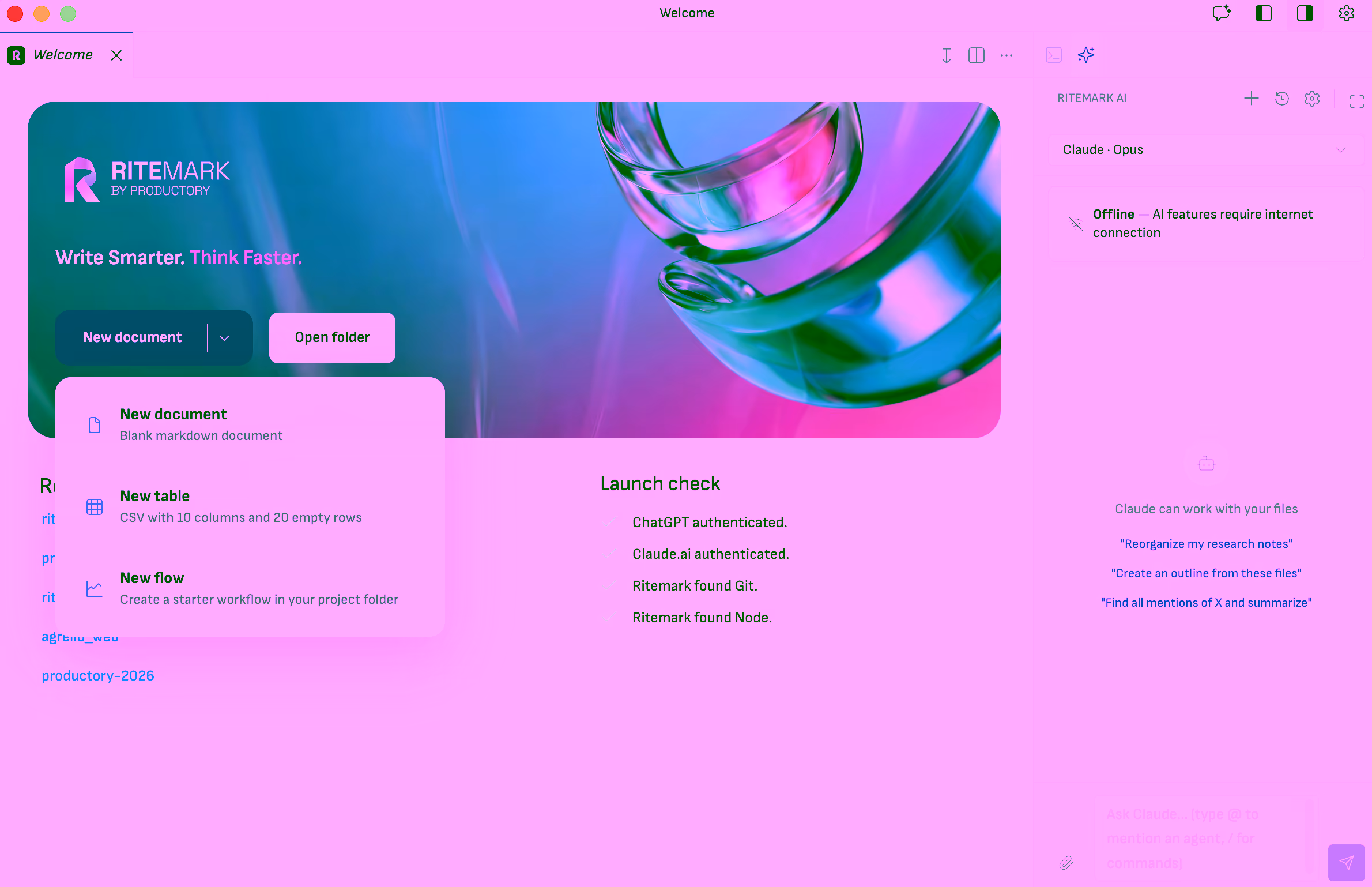 Ritemark welcome screen with simplified new document menu — only Markdown and CSV options