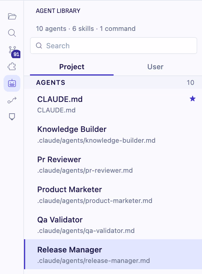 Close-up of the agent list with names and descriptions from frontmatter