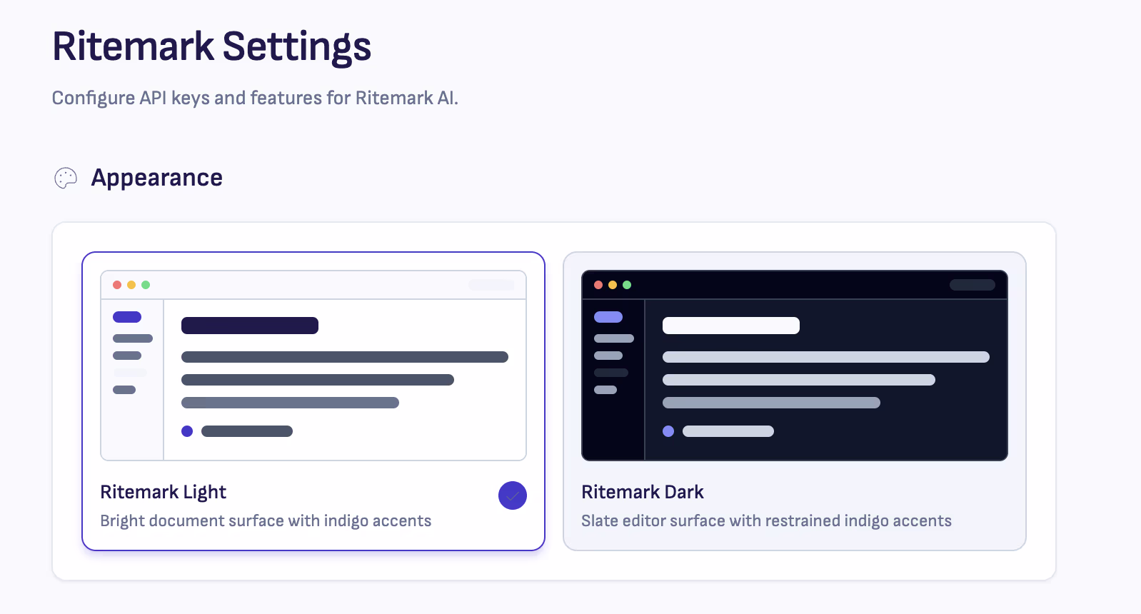 Theme picker in Settings with Ritemark Dark selected