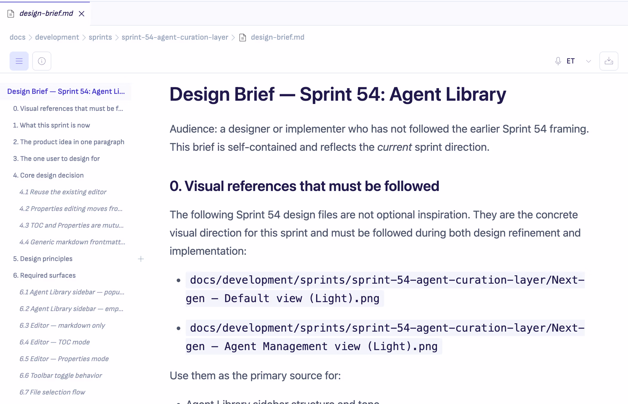 Editor with inline Table of Contents rail and refreshed toolbar