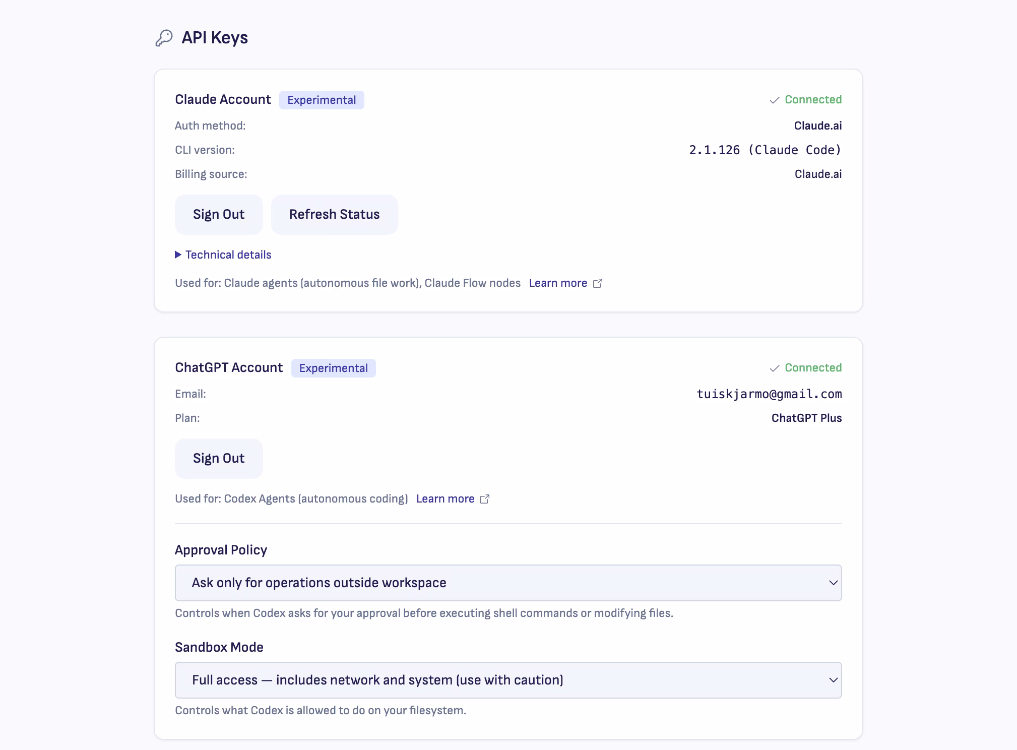 Settings showing Claude and ChatGPT signed in via the unified browser flow