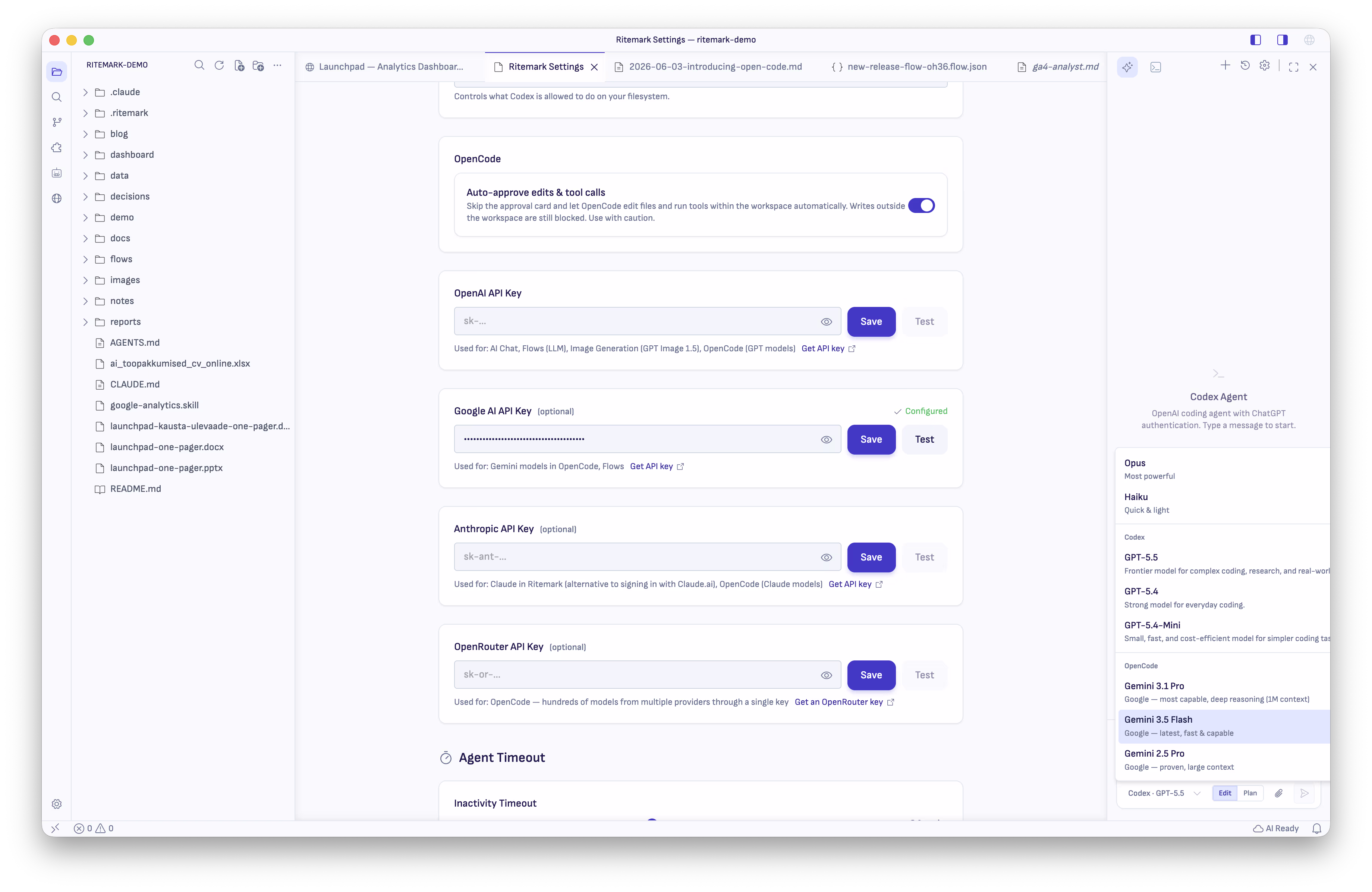 Settings page with the OpenCode API key fields (OpenAI, Google AI, Anthropic, OpenRouter) and the Auto-approve edits & tool calls toggle