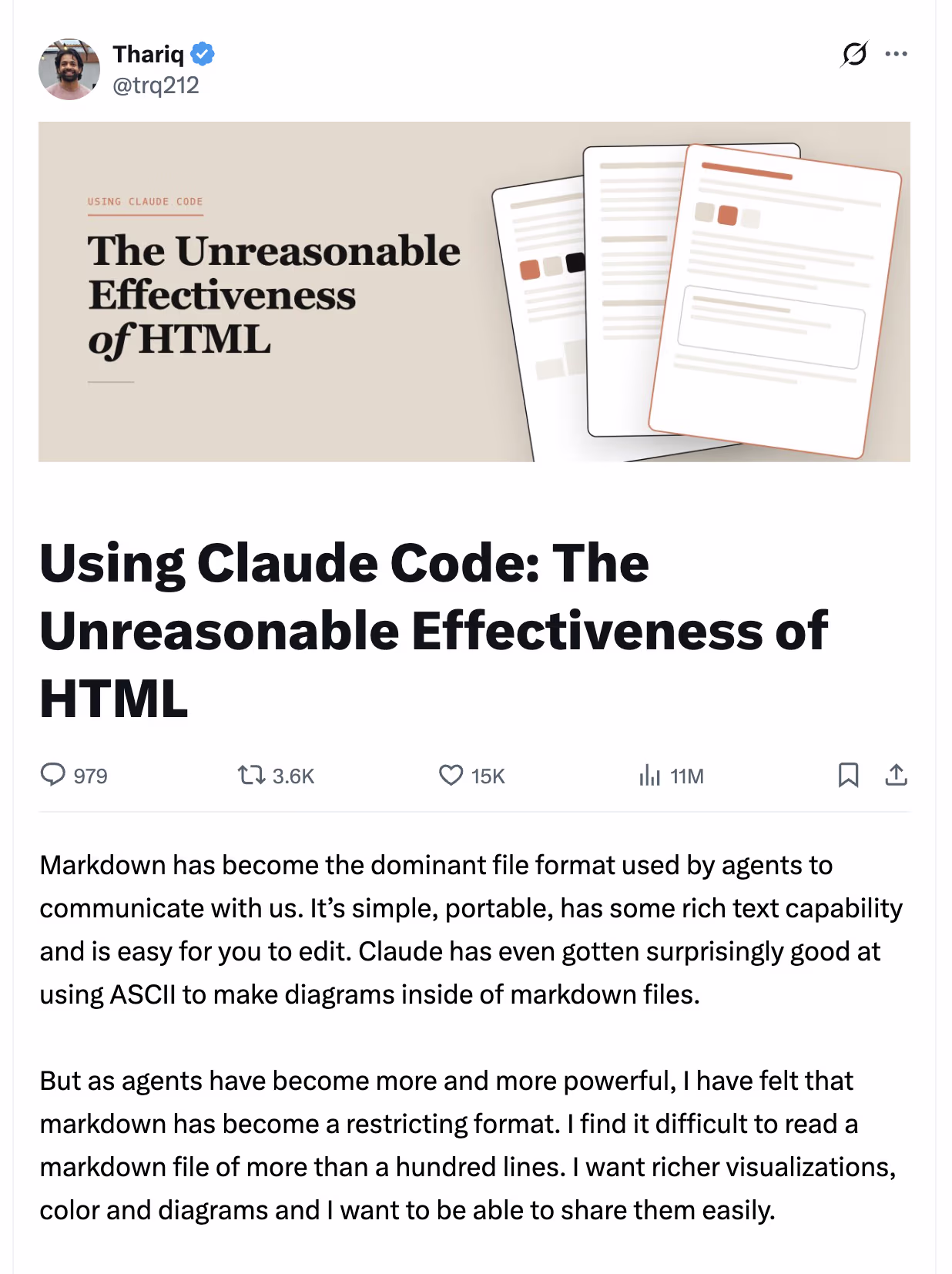 Thariq Shihipar's "The Unreasonable Effectiveness of HTML" — 11 million impressions on the argument that HTML is the richer format for AI communication