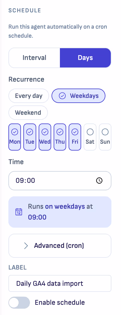 Schedule picker close-up: Days mode with the Weekdays preset, Mon to Fri chips, a 09:00 time, and the plain-English summary