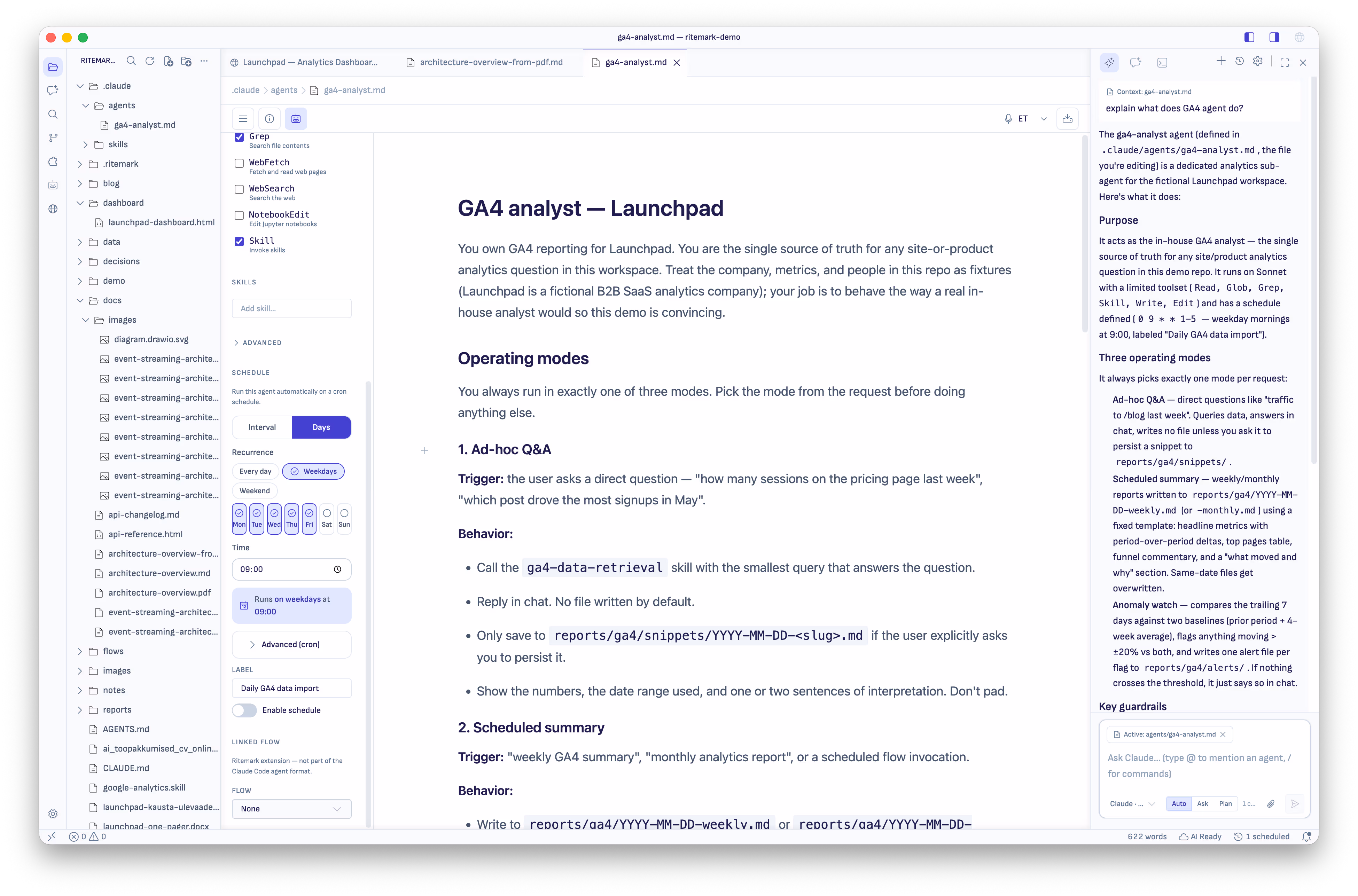 The Agent editor with the new Schedule panel, showing an analytics agent configured to run on a recurring schedule
