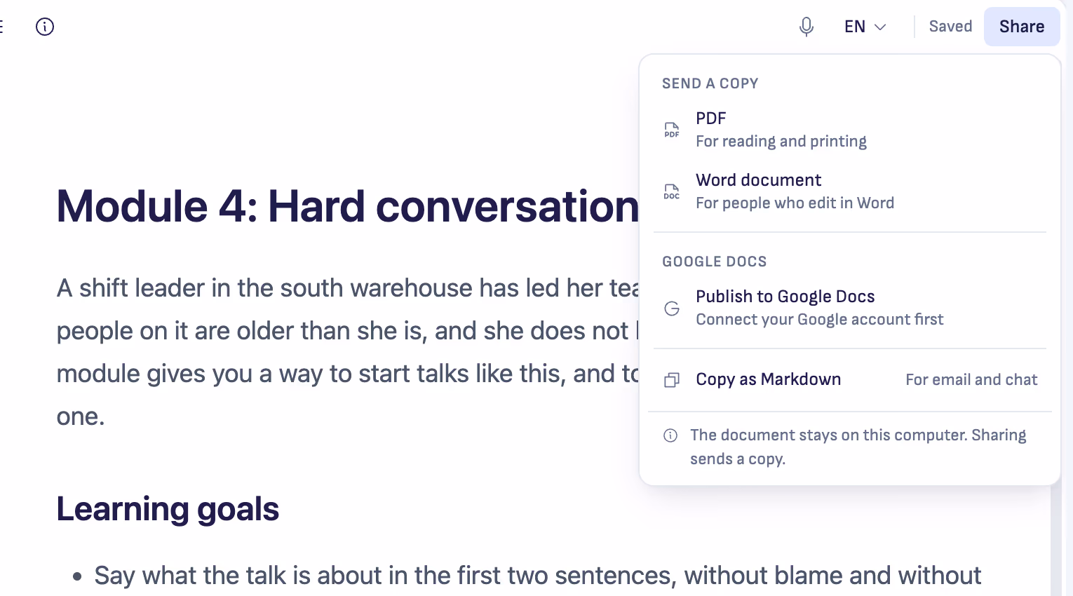 The Share menu on a document in Ritemark 2.0: a PDF or a Word document, Publish to Google Docs, and Copy as Markdown