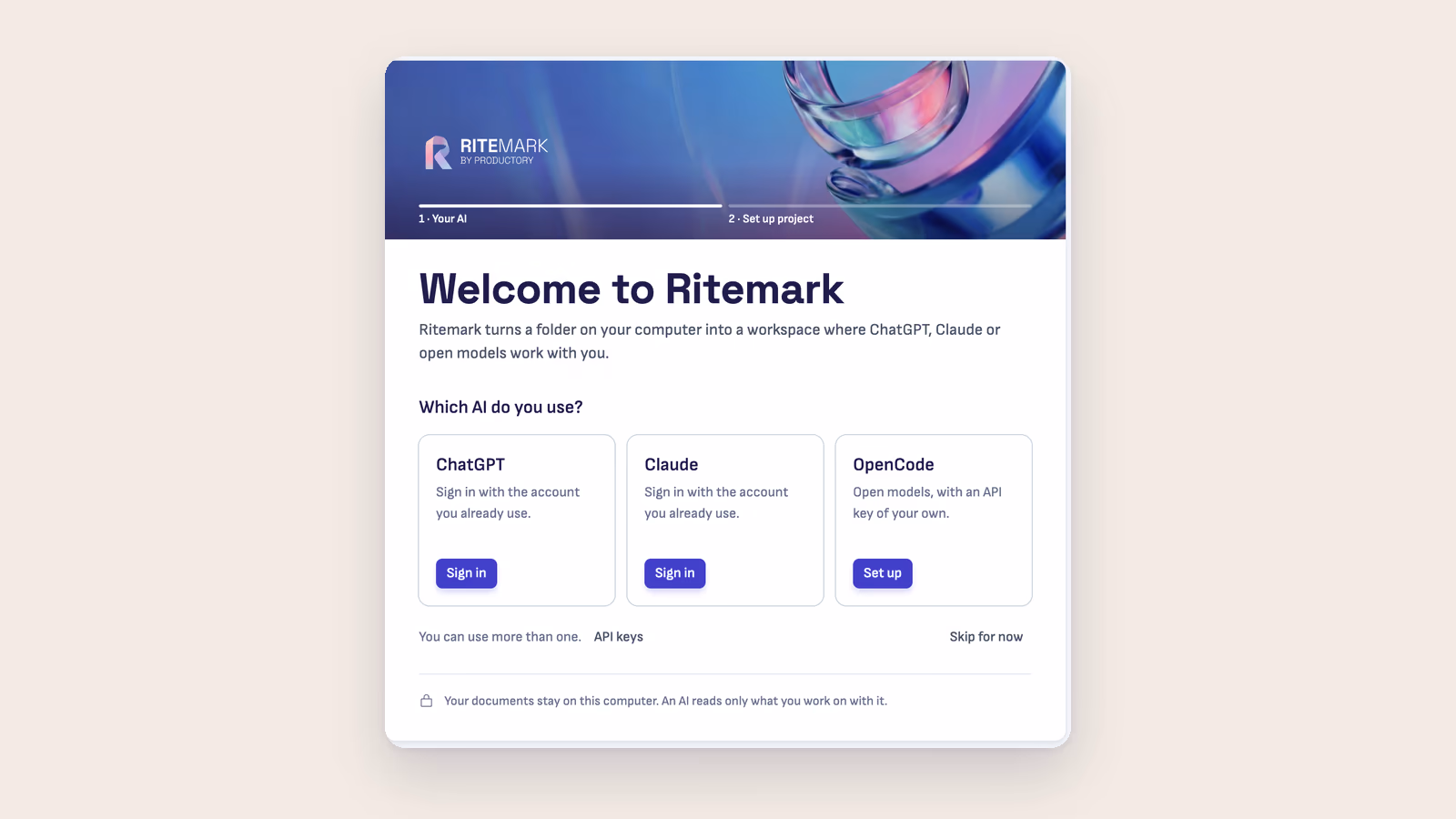 Ritemark 2.0's welcome, step one: Which AI do you use? with ChatGPT, Claude and OpenCode