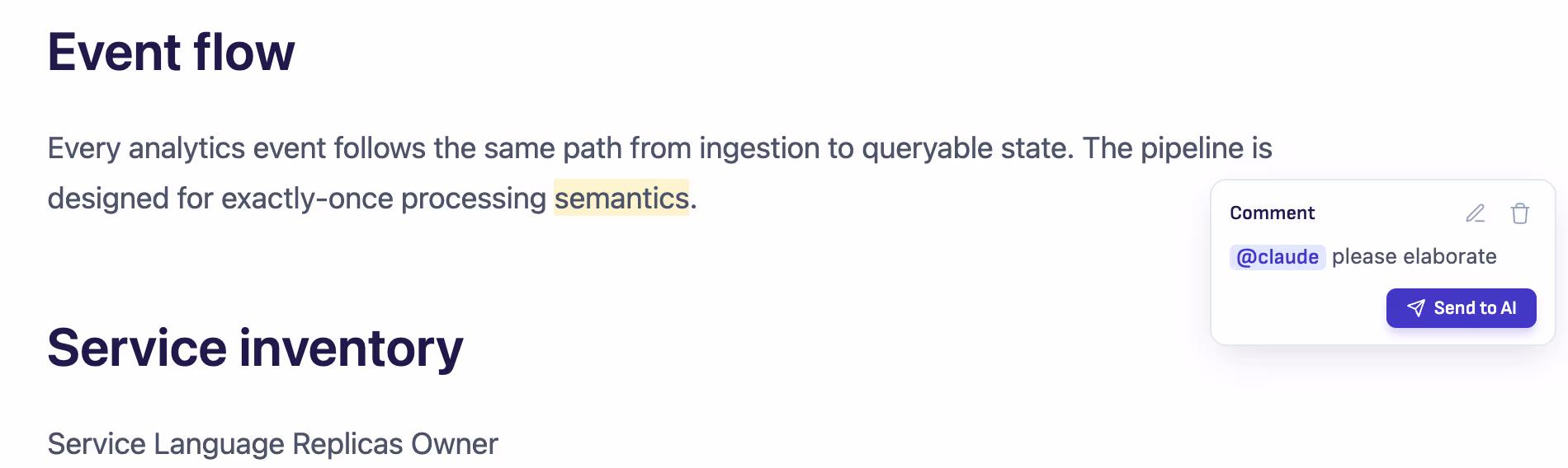 Comment with @claude mention and the Send to AI button, which forwards the passage and note to the Claude agent