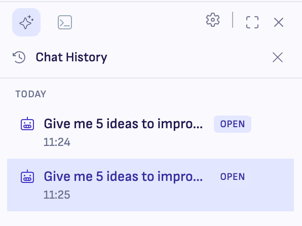 Chat History paneel, kus on täna kaks eraldi avatud lõime, kummalgi oma ajatempel