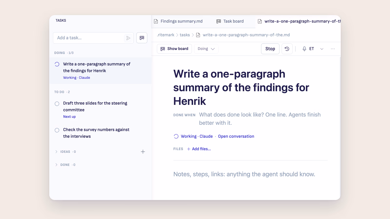 A task open as a page in Ritemark: its title, the Done when line and Working · Claude, beside the Tasks side bar