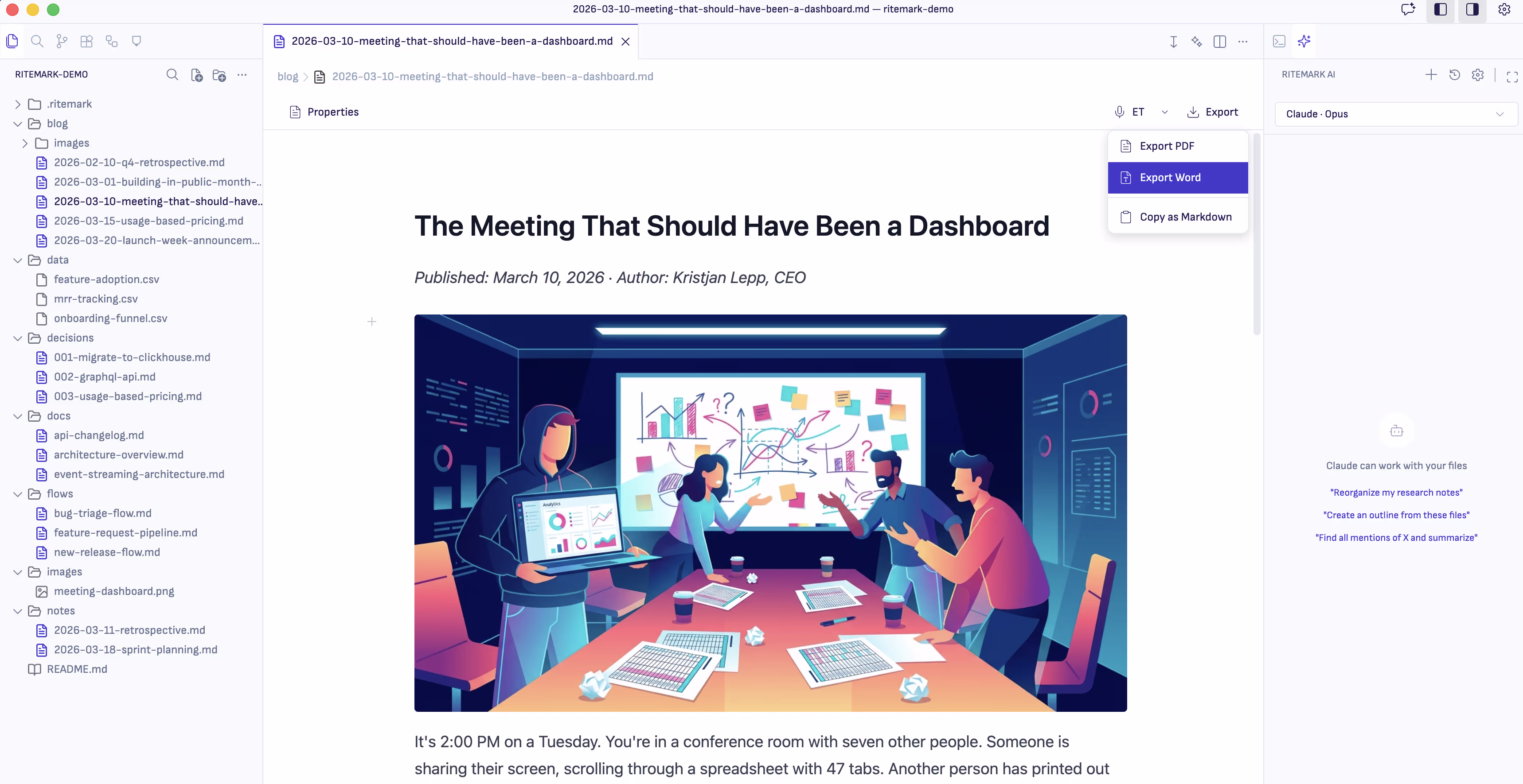 Ritemark editor with AI sidebar conversation
