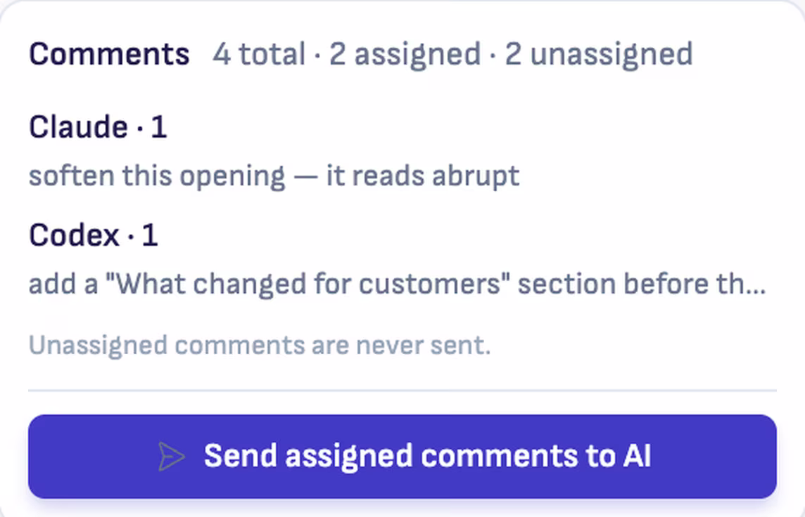 The comments panel in Ritemark with one comment assigned to Claude and one to Codex