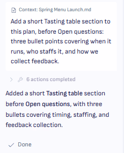 A request in the Ritemark sidebar to add a Tasting table section to the plan, and the agent’s reply that it is done