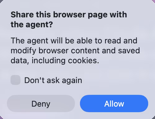 A dialog asking whether to share the browser page with the agent