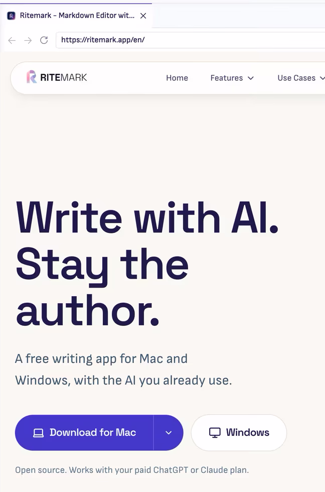 The browser pane in Ritemark with the Ritemark homepage open
