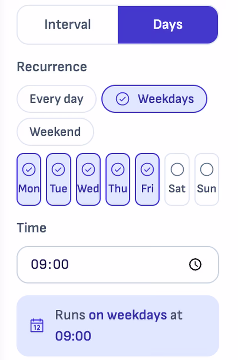 The schedule panel in Ritemark set to run on weekdays at 09:00