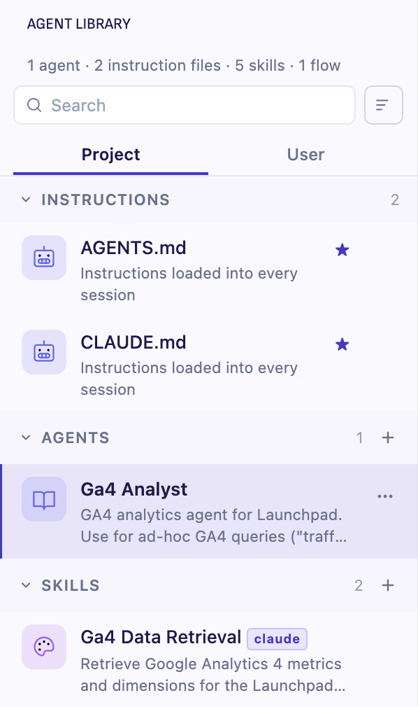 The Agent Library in Ritemark: AGENTS.md and CLAUDE.md as instructions loaded into every session, then agents and skills