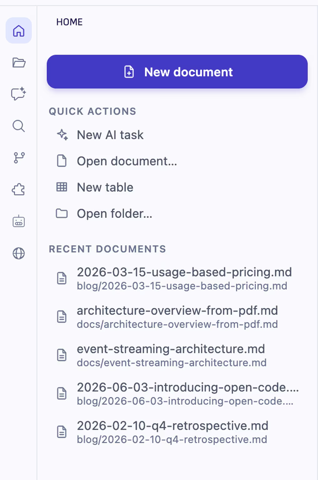 The recent documents list in Ritemark, each with its folder path