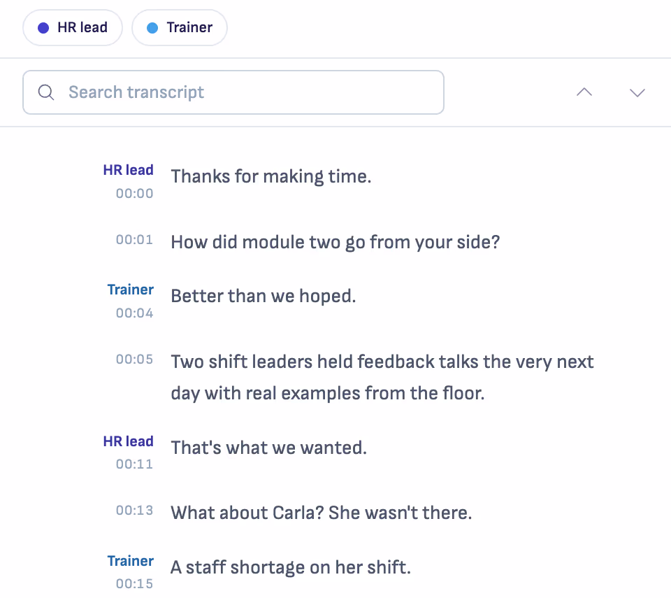The transcript of the call: the HR lead and the trainer, each line with its timestamp