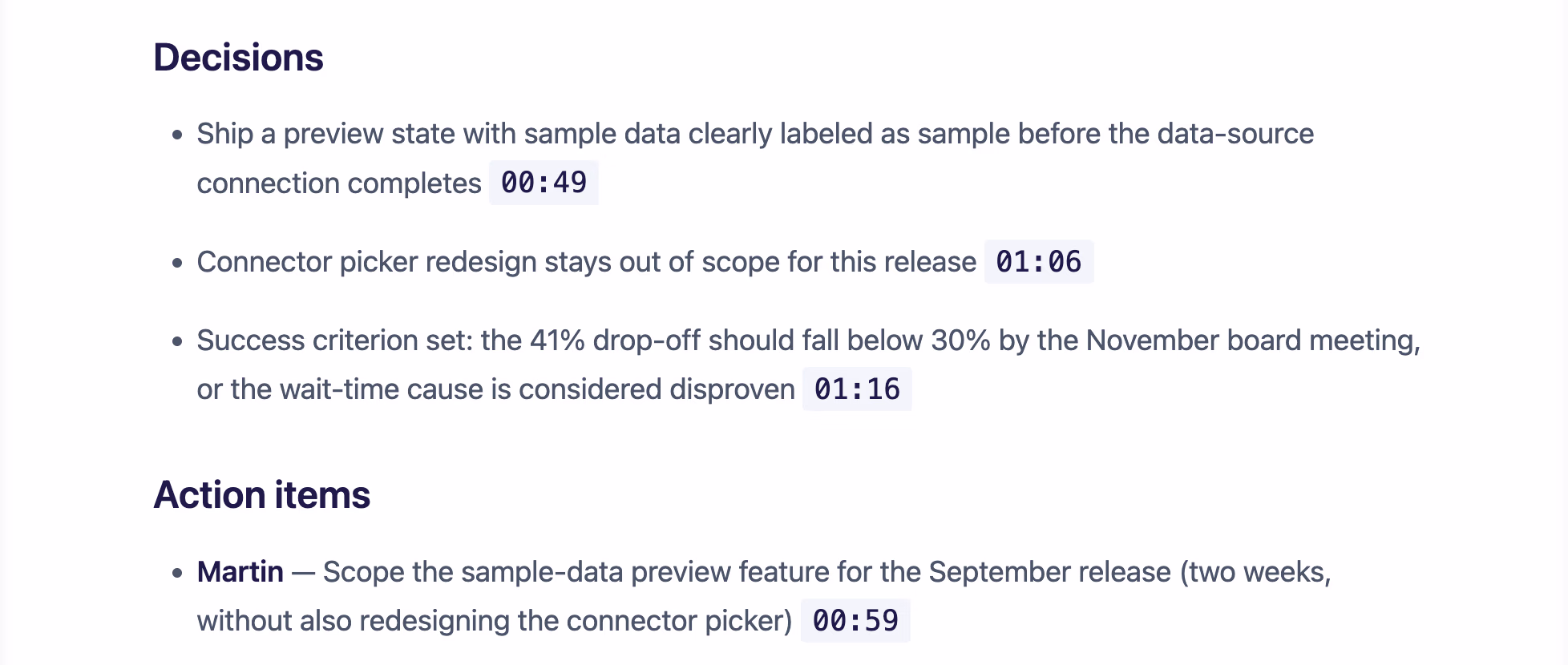 Decisions and action items from a recording in Ritemark, each with a timestamp