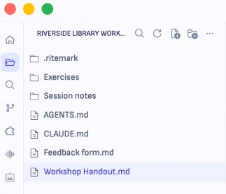 The Riverside Library Workshop folder in the Ritemark sidebar, with Workshop Handout.md selected