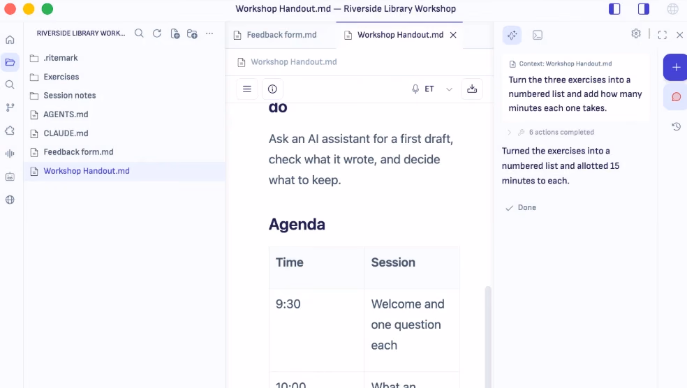 A Ritemark window on the Riverside Library Workshop folder: its files in the sidebar, Workshop Handout.md open, and Codex reporting that it turned the exercises in that file into a numbered list