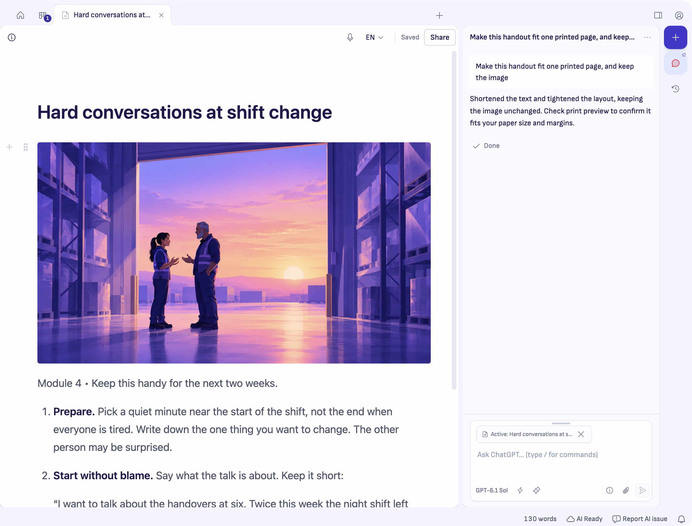 A handout, Hard conversations at shift change, opening with a large illustration, and ChatGPT beside it making it fit one page