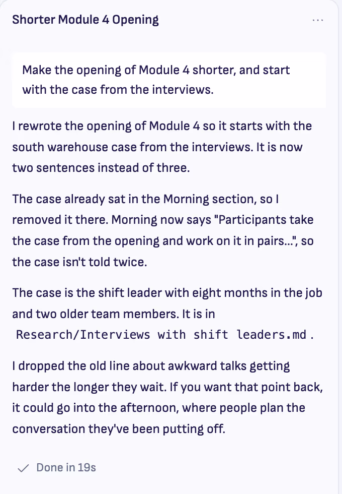 Claude’s answer on the AI’s sheet beside the project’s Home: it shortened the opening of Module 4