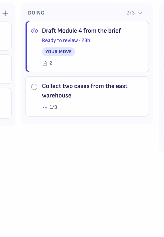 The Doing column of the task board: Draft Module 4 ready to review, marked Your move