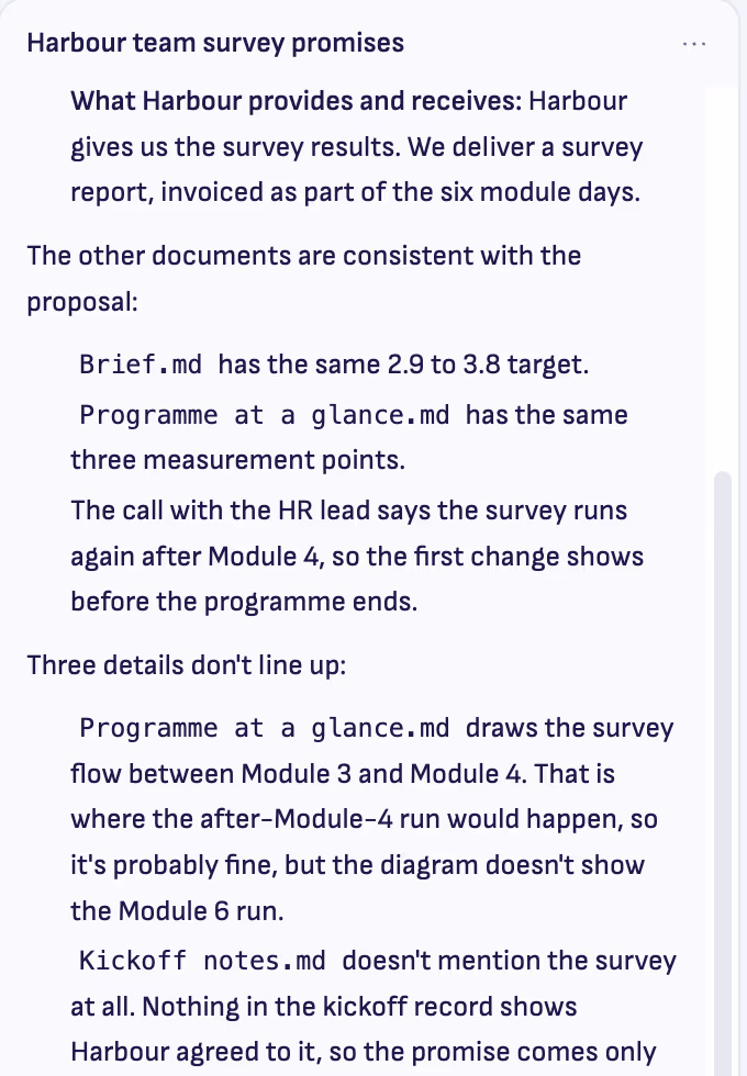 Claude’s answer on the AI’s sheet: what the proposal promises about the team survey, and three details that don’t line up