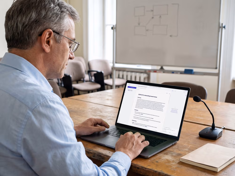 A trainer preparing a handout in Ritemark (illustration; the screen is a real Ritemark screenshot)