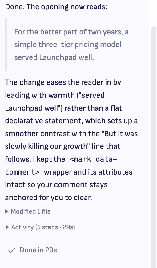 Claude’s answer in the Ritemark sidebar: done, with the new opening quoted and the reason for the change