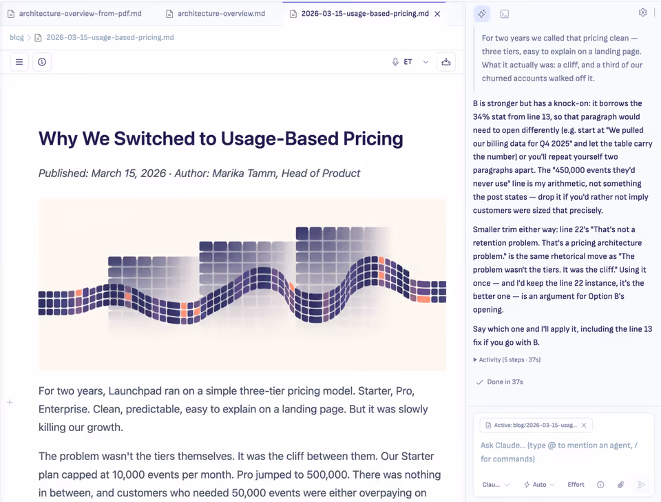 A blog post open in Ritemark, with Claude’s suggested edits in the sidebar beside it