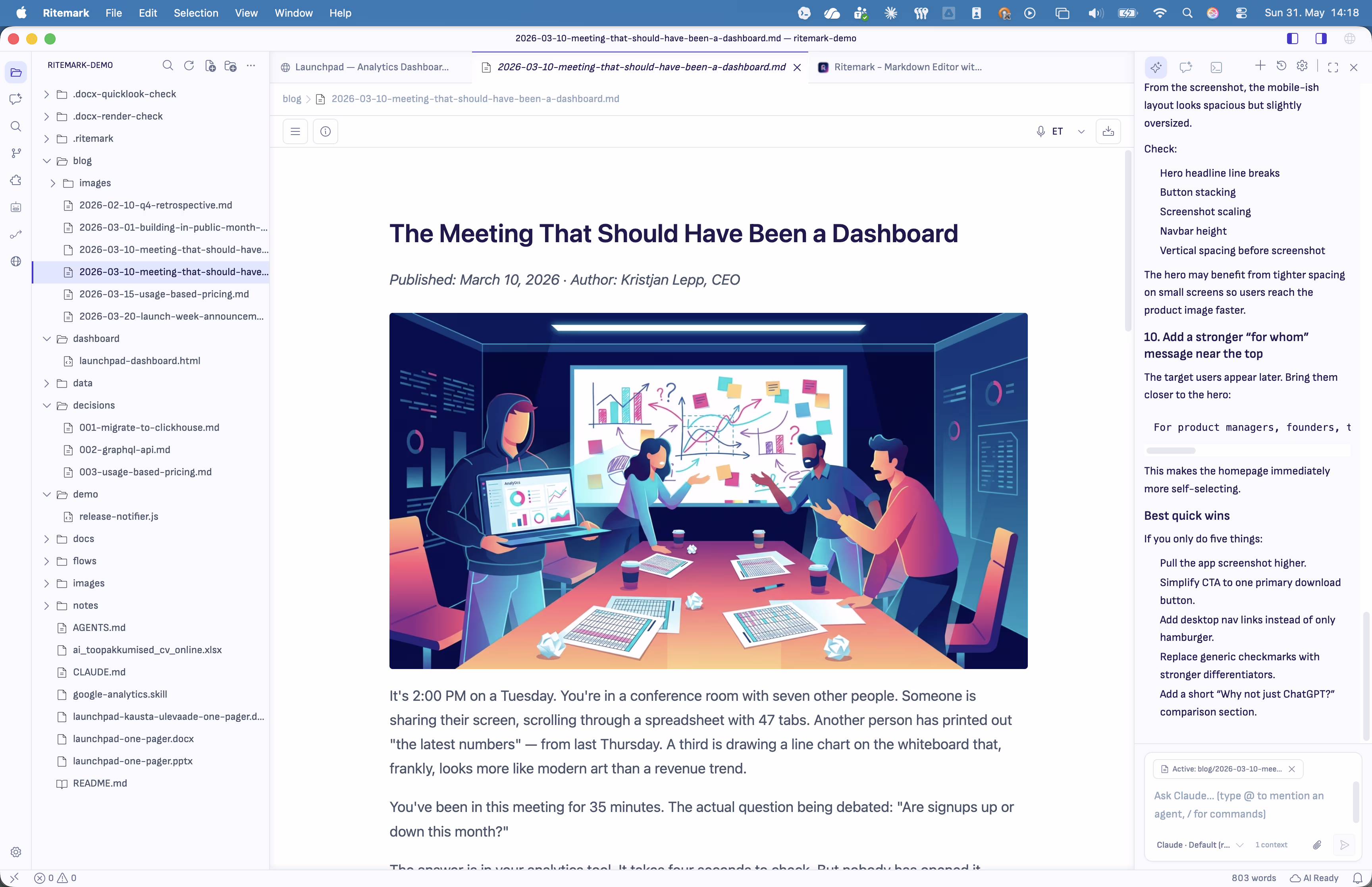 Ritemark markdown editor with an AI agent panel open