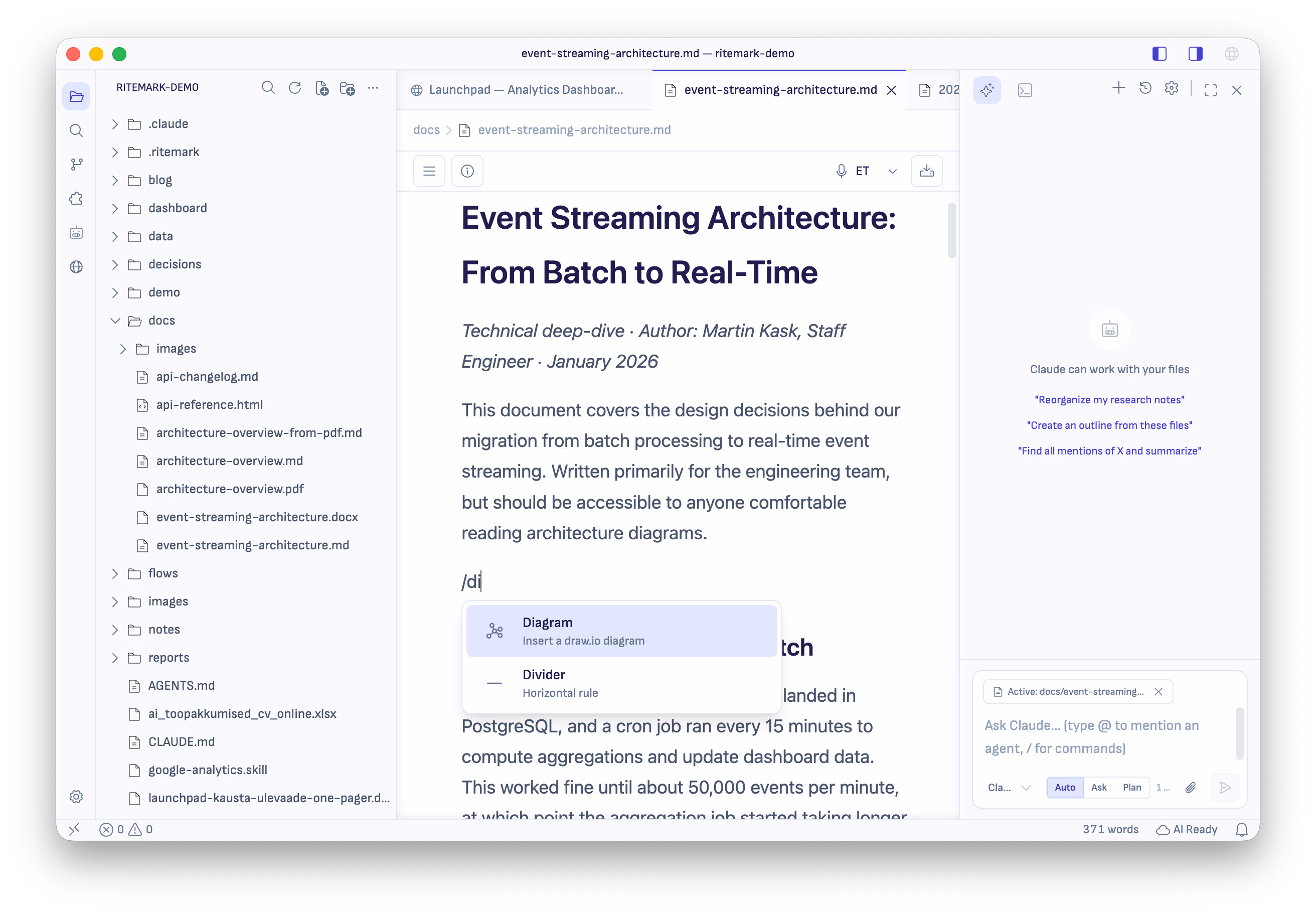 Typing /diagram in a markdown document opens the slash menu with the Diagram command