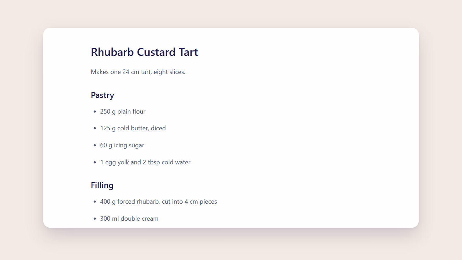Ritemarki redaktoris avatud retsept, kus pealkiri, alapealkirjad ja loendid on näha vormindatud tekstina