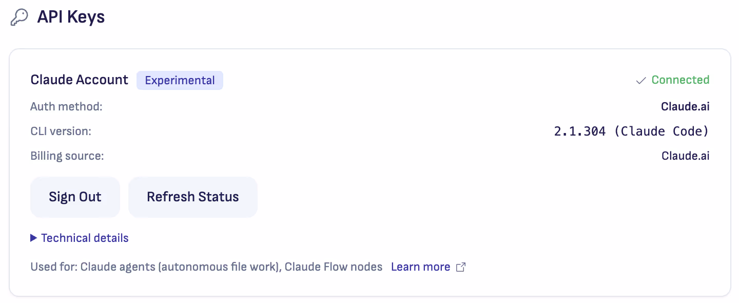 Ritemark Settings, API Keys: the Claude Account card, Connected, signed in with Claude.ai