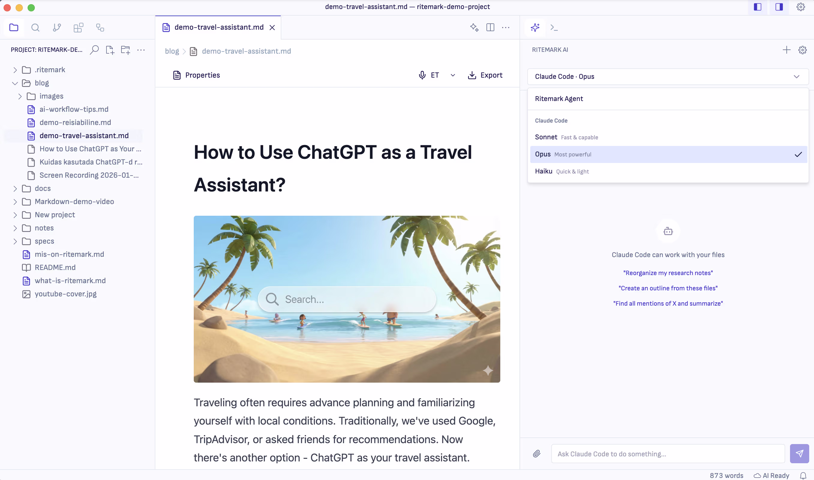 Claude Code agent in the AI sidebar