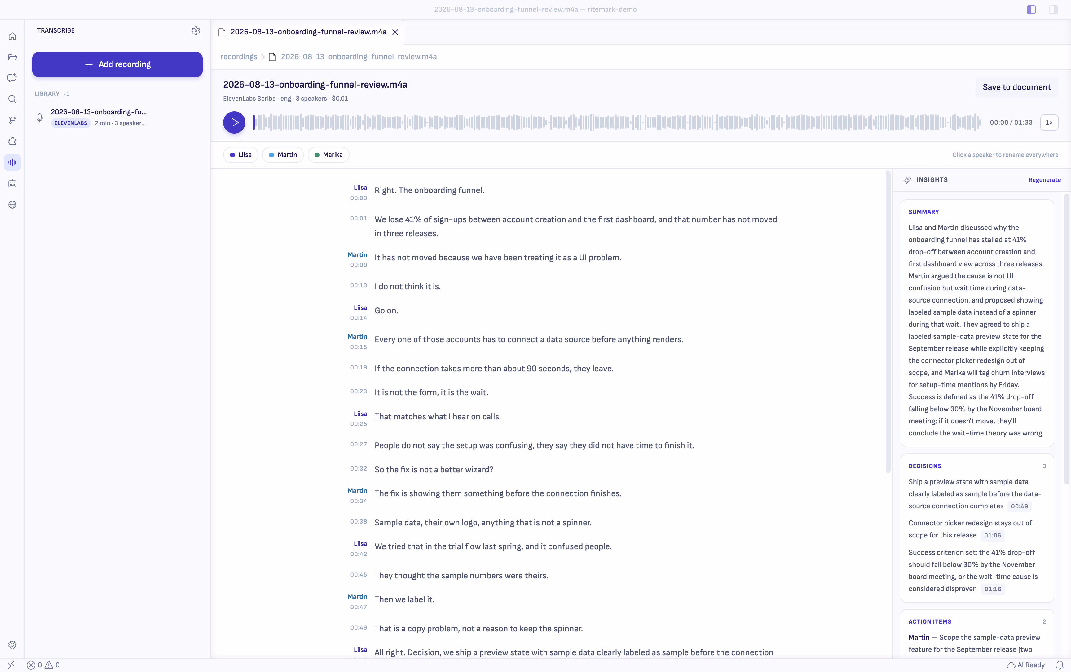 Generated summary, decisions, and action items beside the timestamped transcript they came from