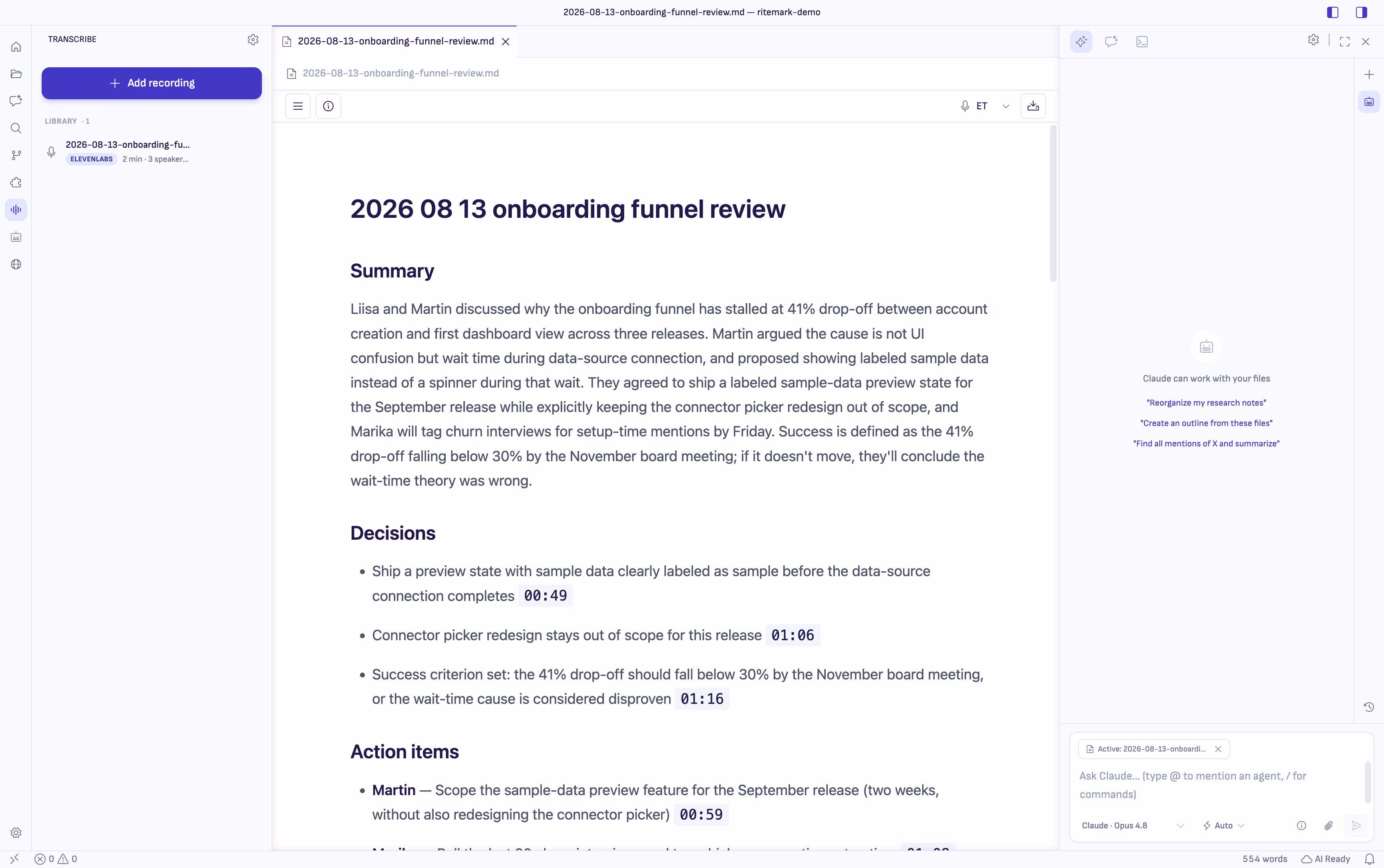 A saved Markdown document with Summary, Decisions, and Action items open beside the AI sidebar